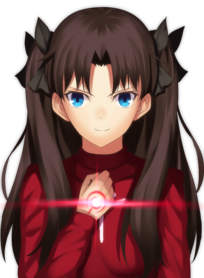 1girl bangs black_bow blue_eyes bow breasts brown_hair command_spell fate/stay_night fate_(series) glowing hair_bow long_hair long_sleeves looking_at_viewer mishiro0229 red_sweater simple_background smile solo sweater toosaka_rin two_side_up