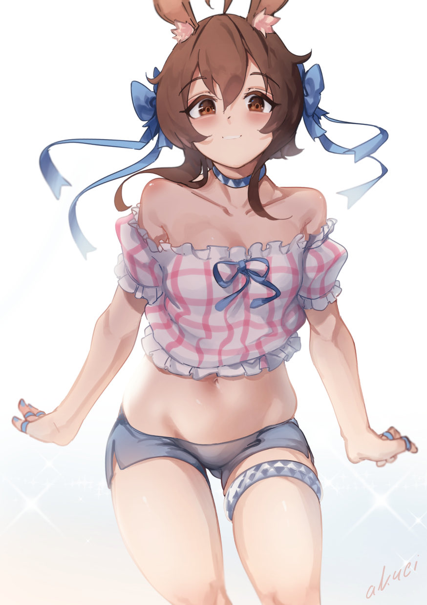 1girl ahoge ak4ci alternate_eye_color amiya_(arknights) animal_ear_fluff animal_ears arknights artist_name bare_shoulders blue_bow blue_nails bow brown_eyes brown_hair collarbone commentary cowboy_shot crop_top frills grey_shorts grin groin hair_bow highres jewelry looking_at_viewer midriff nail_polish navel neck_ring off-shoulder_shirt off_shoulder pink_shirt puffy_short_sleeves puffy_sleeves rabbit_ears ring shirt short_hair short_shorts short_sleeves shorts signature smile solo stomach thighlet thighs white_background
