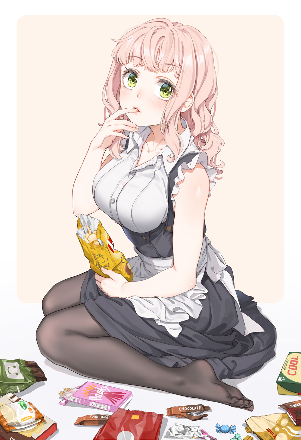 1girl apron bare_arms bare_shoulders black_skirt breasts brown_legwear buttons chips collarbone collared_shirt dress_shirt fangxiang_cuoluan feet food green_eyes hand_up highres holding large_breasts long_hair looking_at_viewer maid maid_apron no_shoes original pantyhose pink_hair pocky potato_chips shirt skirt sleeveless sleeveless_shirt solo underbust white_shirt