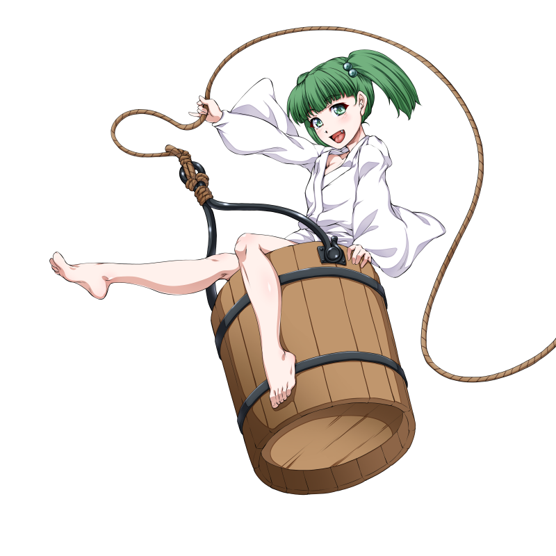 1girl :d barefoot bucket fang full_body green_eyes green_hair hair_bobbles hair_ornament japanese_clothes kimono kisume legs long_sleeves looking_at_viewer ootsuki_wataru open_mouth rope short_hair smile solo touhou transparent_background twintails white_kimono