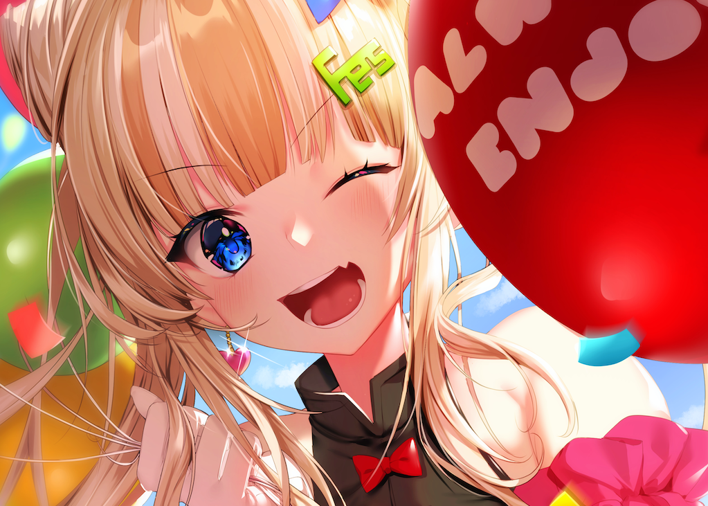 1girl balloon bangs bare_shoulders blonde_hair blue_eyes blunt_bangs blush commentary_request earrings face fang festival haiba_09 hair_bun hair_ornament hairclip jewelry looking_at_viewer one_eye_closed original smile solo