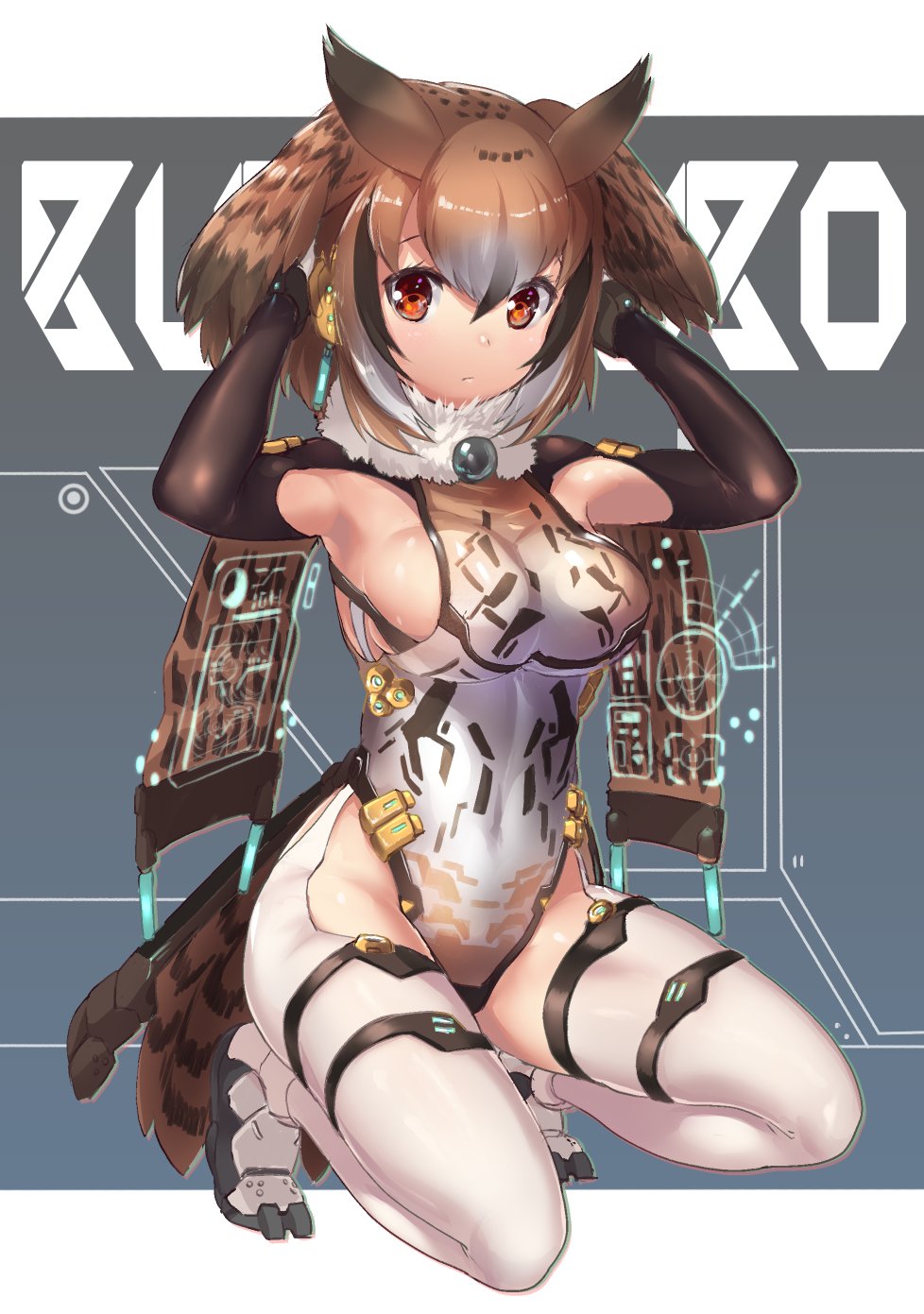1girl adapted_costume alternate_costume armpit_cutout armpits arms_up bird_tail breasts brown_hair closed_mouth covered_navel eurasian_eagle_owl_(kemono_friends) expressionless full_body fur_collar garter_straps grey_hair hair_between_eyes headgear highleg highleg_leotard highres impossible_clothes impossible_leotard kemono_friends leotard long_sleeves looking_at_viewer medium_breasts medium_hair multicolored_hair one_knee owl_ears red_eyes shoes sideboob skindentation solo streaked_hair tadano_magu tail thigh-highs