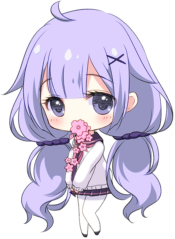 1girl ahoge azur_lane bangs blush cardigan cherry_blossoms chibi commentary_request eyebrows_visible_through_hair flower_in_mouth full_body hair_ornament hair_scrunchie long_hair long_sleeves looking_at_viewer low_twintails neckerchief pantyhose pink_neckwear pleated_skirt purple_hair purple_sailor_collar purple_scrunchie purple_skirt sailor_collar school_uniform scrunchie sidelocks simple_background skirt solo standing sukireto twintails unicorn_(amusement_park_date)_(azur_lane) unicorn_(azur_lane) very_long_hair violet_eyes white_background white_cardigan white_legwear x_hair_ornament