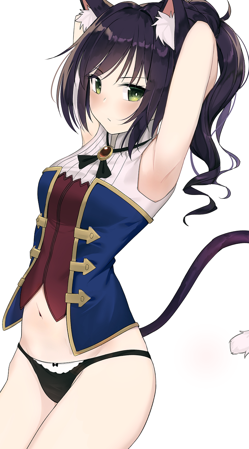 1girl animal_ear_fluff animal_ears armpits arms_behind_head arms_up black_hair black_panties blush breasts brooch cat_ears cat_girl cat_tail closed_mouth cowboy_shot eyebrows_visible_through_hair gem green_eyes highres jewelry kavies kyaru_(princess_connect) long_hair looking_at_viewer multicolored multicolored_clothes multicolored_hair navel panties ponytail princess_connect! princess_connect!_re:dive ruby_(gemstone) simple_background small_breasts solo streaked_hair tail thighs underwear v-shaped_eyebrows white_background white_hair