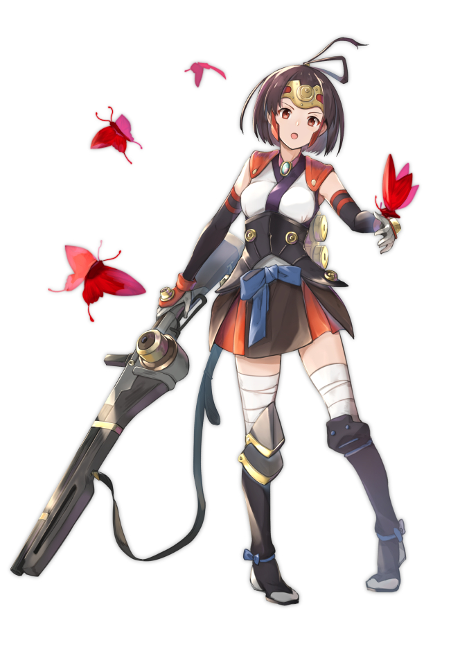 1girl bandaged_leg bandages black_ribbon breasts brown_eyes brown_hair bug butterfly commentary_request detached_sleeves gun hair_ribbon holding holding_gun holding_weapon insect japanese_clothes koutetsujou_no_kabaneri long_sleeves looking_at_viewer mumei_(kabaneri) open_mouth red_eyes ribbon short_hair simple_background solo weapon white_background yuuzuki_(re'ef)