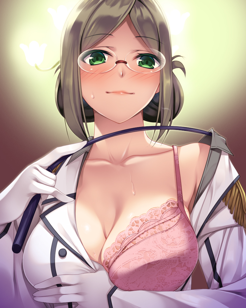 1girl blush bra breasts brown_hair buttons closed_mouth epaulettes folded_ponytail glasses gloves gradient gradient_background green_eyes grey_shirt jacket kantai_collection katori_(kantai_collection) large_breasts light_brown_hair long_hair looking_at_viewer looking_down military military_uniform necktie pink_bra pointer rimless_eyewear shirt skirt smile solo sweatdrop underwear uniform white_gloves yuhji