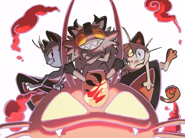 agriefthatcantbespoken alolan_form alolan_meowth animal_on_head black_eyes cat cat_focus cat_on_head creature fangs galarian_form galarian_meowth gen_1_pokemon gen_7_pokemon gen_8_pokemon gigantamax gigantamax_meowth grin looking_at_viewer meowth no_humans on_head pokemon pokemon_(creature) pokemon_on_head simple_background smile white_background