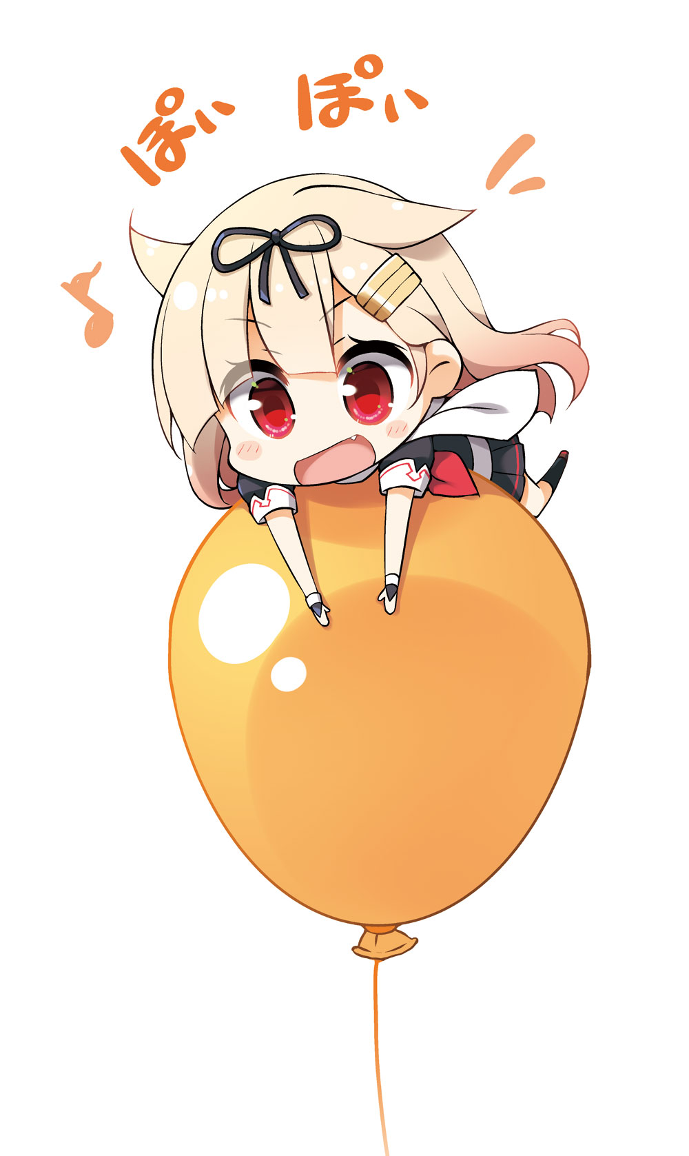 1girl balloon black_serafuku black_skirt blonde_hair blush chibi eighth_note fang hair_flaps hair_ornament hair_ribbon hairclip highres kantai_collection long_hair lying musical_note neckerchief on_stomach open_mouth red_eyes red_neckwear remodel_(kantai_collection) ribbon scarf school_uniform serafuku short_sleeves simple_background skirt solo white_background white_scarf yume_no_owari yuudachi_(kantai_collection)