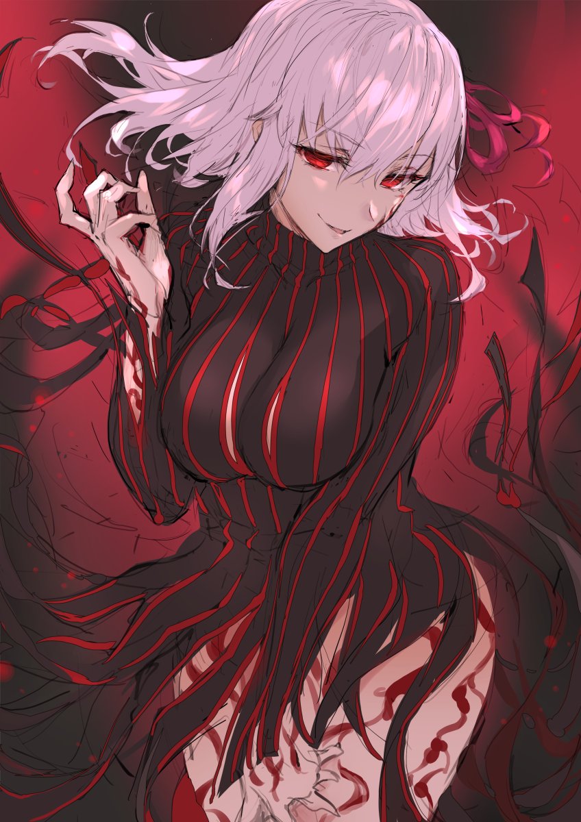 1girl breasts character_request eyebrows_visible_through_hair eyes_visible_through_hair fate_(series) fingernails haoni highres lavender_hair long_fingernails parted_lips red_eyes sharp_fingernails sketch smile solo turtleneck
