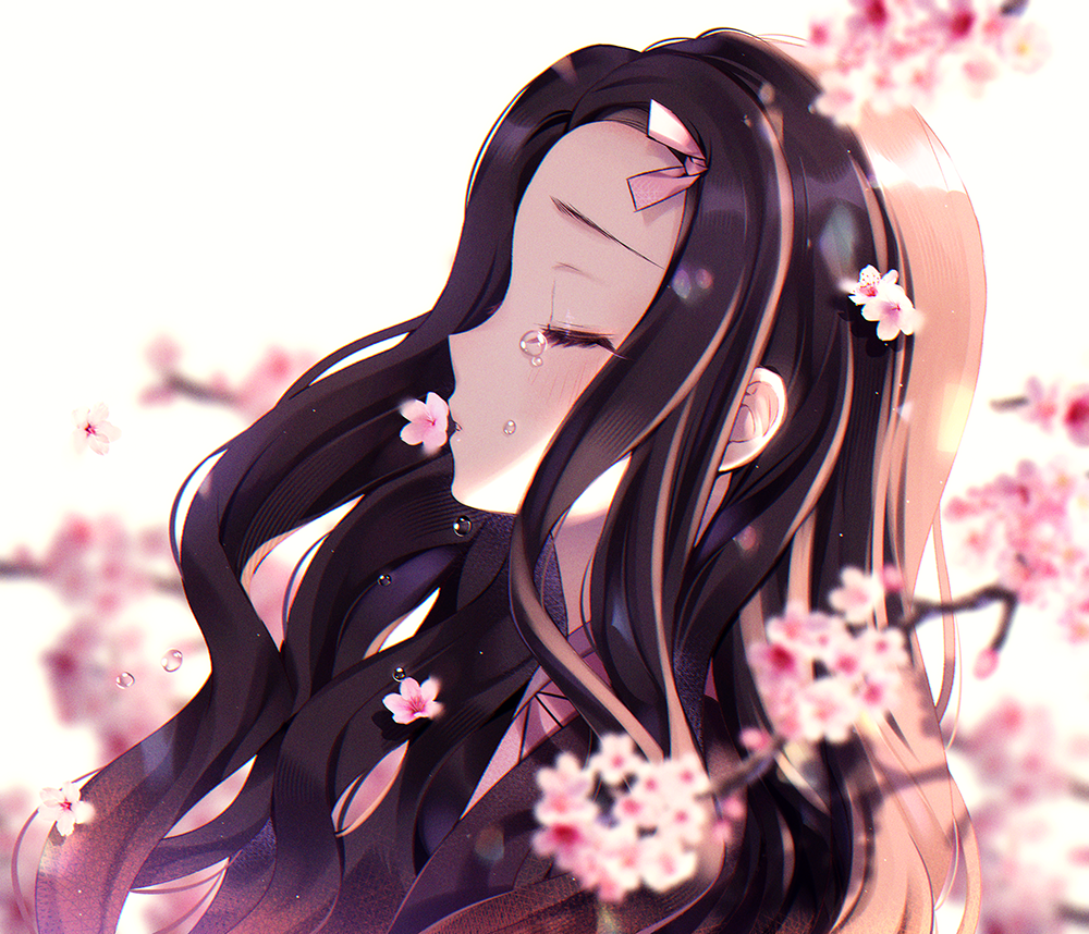 1girl bangs black_hair blurry blurry_background blurry_foreground cherry_blossoms closed_eyes commentary crying depth_of_field flower hair_ribbon japanese_clothes kamado_nezuko kimetsu_no_yaiba kimono long_hair natsumii_chan open_clothes parted_bangs pink_flower pink_kimono pink_ribbon profile ribbon solo tears tree_branch upper_body white_background