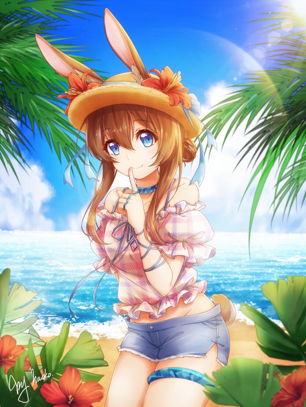 1girl amiya_(arknights) animal_ears arknights arm_ribbon artist_name bangs bare_shoulders beach blue_eyes brown_hair bunny_girl bunny_tail checkered checkered_shirt clouds cloudy_sky collar collarbone day finger_to_mouth flower hacko hat hibiscus highres index_finger_raised light_beam multiple_rings ocean off-shoulder_shirt off_shoulder palm_leaf rabbit_ears ribbon shirt short_shorts short_sleeves shorts sidelocks sky smile solo straw_hat sun tail thigh_strap