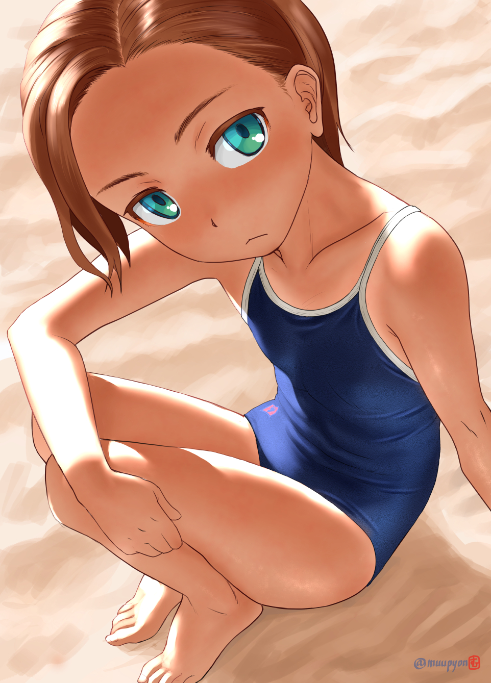 1girl aqua_eyes bangs bare_arms bare_legs bare_shoulders barefoot blue_swimsuit blush breasts brown_hair closed_mouth collarbone commentary_request competition_school_swimsuit competition_swimsuit forehead highres looking_at_viewer mu-pyon one-piece_swimsuit one-piece_tan original outdoors sand school_swimsuit short_hair sitting small_breasts solo swimsuit tan tanline toes twitter_username
