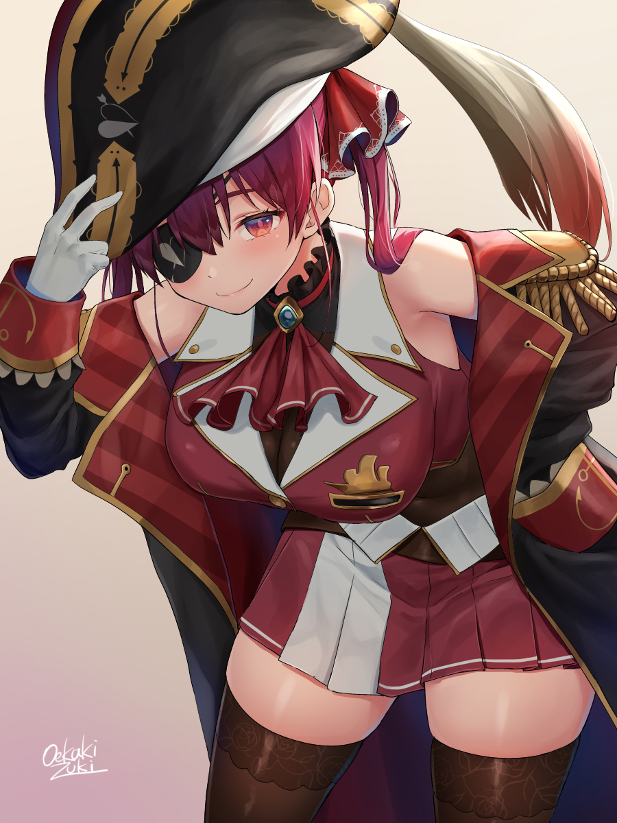1girl bangs bare_shoulders blush breasts coat epaulettes eyepatch hat highres hololive houshou_marine large_breasts leaning_forward long_hair long_sleeves looking_at_viewer oekakizuki off_shoulder open_clothes open_coat pirate pirate_hat red_eyes smile solo thigh-highs thighs virtual_youtuber