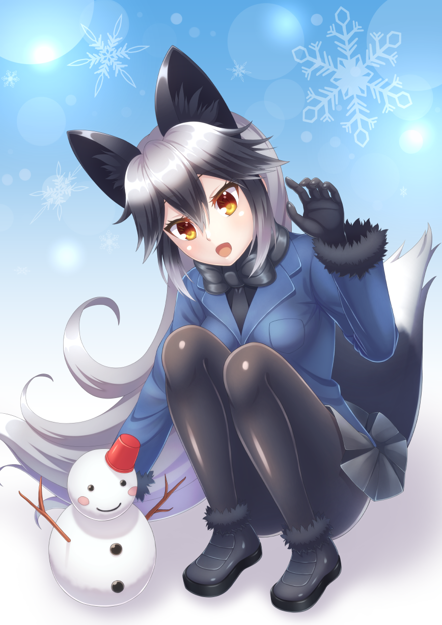 1girl :d animal_ear_fluff animal_ears bangs black_bow black_footwear black_gloves black_hair black_legwear black_shirt black_skirt blue_jacket blush bow breasts brown_eyes commentary_request eyebrows_visible_through_hair full_body fur-trimmed_sleeves fur_trim gloves gradient_hair grey_hair hair_between_eyes hand_up highres jacket kemono_friends long_hair long_sleeves medium_breasts multicolored_hair open_mouth pantyhose pleated_skirt sakaki_jin'ya shirt shoes silver_fox_(kemono_friends) skirt smile snowflakes snowman solo squatting tail very_long_hair wolf_ears wolf_girl wolf_tail