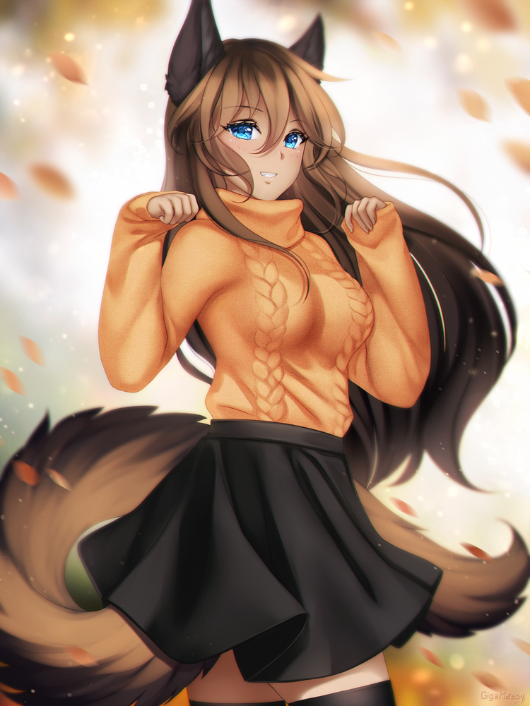 1girl animal_ears autumn autumn_leaves black_skirt blue_eyes blurry blurry_background breasts brown_hair dot_nose eyebrows_visible_through_hair gigamessy hair_between_eyes long_hair long_sleeves looking_at_viewer original paw_pose sidelocks simple_background skirt sleeves_past_wrists smile solo standing sweater tail thigh-highs turtleneck turtleneck_sweater twisted_torso wind zettai_ryouiki