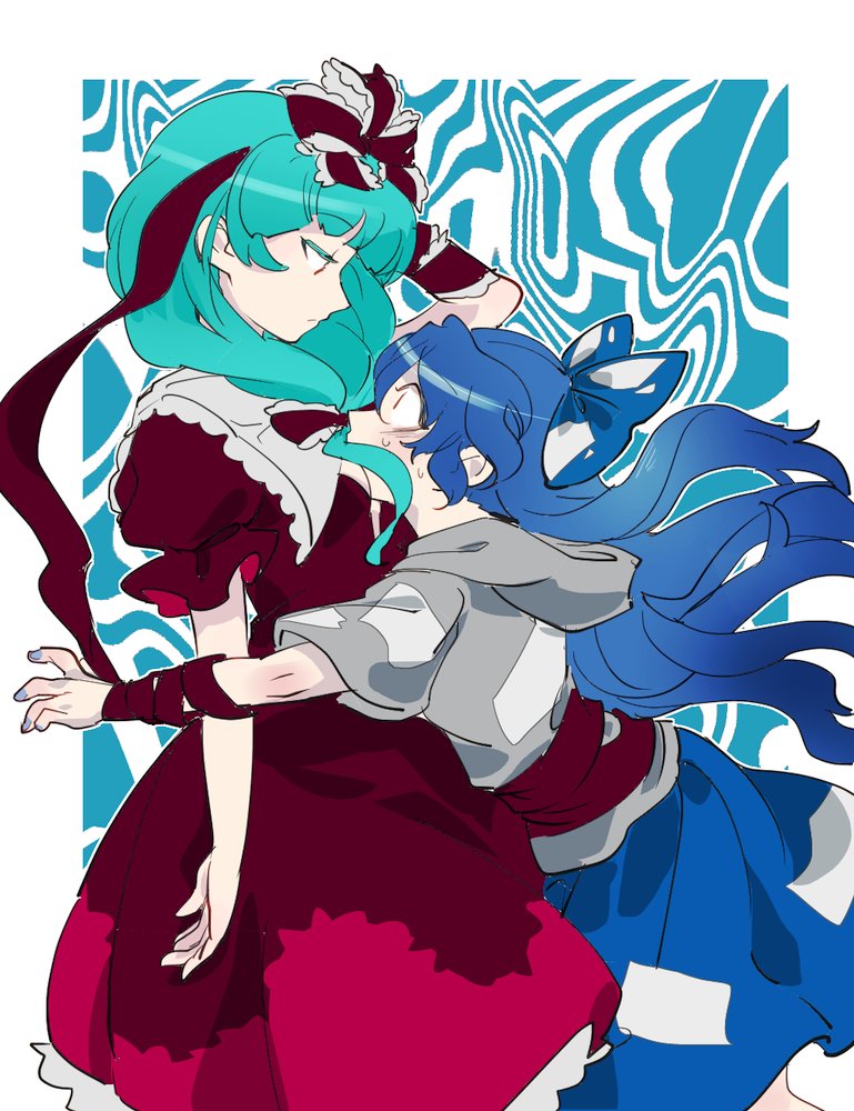 2girls blue_bow blue_hair bow chamaruku commentary_request dress from_side front_ponytail green_hair grey_hoodie hair_bow hair_ribbon kagiyama_hina long_hair looking_at_another looking_down looking_up multiple_girls puffy_short_sleeves puffy_sleeves red_dress red_eyes red_ribbon ribbon short_sleeves sweat touhou yorigami_shion
