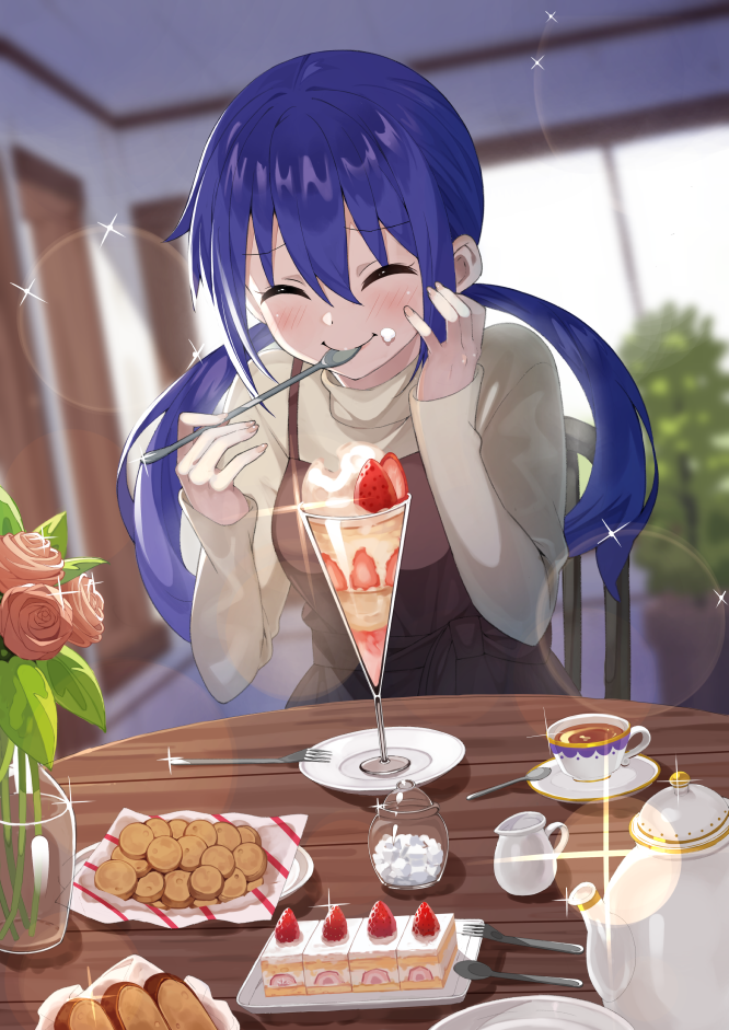 1girl black_dress blue_hair blurry blurry_background blush bread breasts closed_eyes closed_mouth commentary cookie cream cream_on_face cup dress eating eyebrows_visible_through_hair flower food food_on_face fork fruit hair_between_eyes hand_on_own_face indoors koisuru_asteroid long_hair long_sleeves manaka_ao medium_breasts mon0351 parfait plate rose sleeves_past_wrists smile solo spaghetti_strap sparkle spoon strawberry strawberry_shortcake sugar_cube sunlight sweets table teacup teapot turtleneck twintails vase window