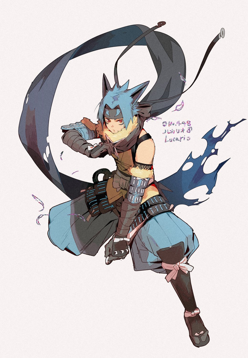 1boy animal_ears armor bandaged_arm bandages bare_shoulders black_scarf blue_hair blue_scarf character_name english_text facial_mark fishnets gen_4_pokemon gradient gradient_clothes gradient_scarf grey_background harurie headband highres holding holding_weapon kunai lucario male_focus ninja parted_lips pokemon puffy_pants red_eyes scarf shuriken simple_background solo torn_clothes torn_scarf weapon