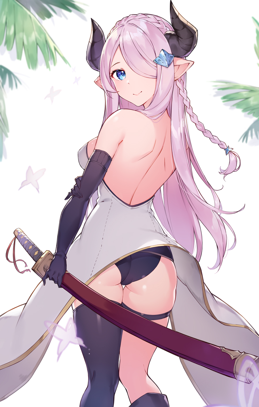 1girl ass back backless_outfit black_gloves black_legwear black_panties blue_eyes blush braid breasts draph elbow_gloves gloves granblue_fantasy hair_ornament hair_over_one_eye highres holding holding_weapon horns katana large_breasts lavender_hair long_hair looking_at_viewer looking_back narmaya_(granblue_fantasy) panties pointy_ears rikoma single_braid single_thighhigh smile solo sword thigh-highs thigh_strap underwear very_long_hair weapon