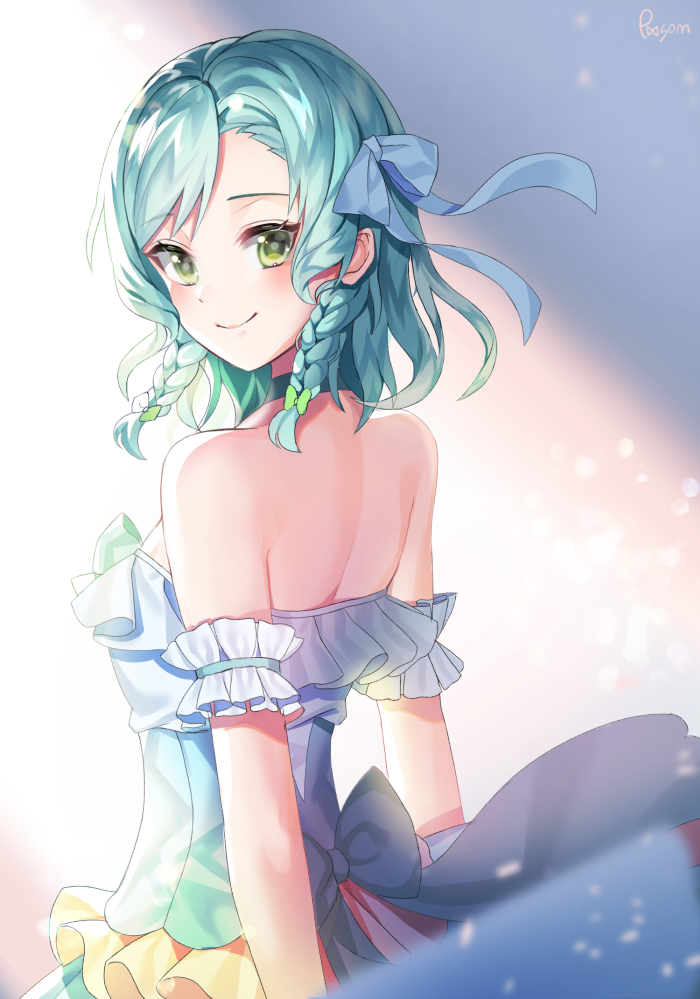 1girl aqua_hair arm_cuffs back back_bow bang_dream! bangs bare_shoulders blue_ribbon blurry_foreground blush bow braid breasts choker commentary_request dress eyebrows_visible_through_hair facing_viewer from_behind green_bow green_choker green_dress green_eyes hair_bow hair_ribbon hikawa_hina idol_clothes medium_breasts posom ribbon shade short_hair side_braids sidelocks signature smile solo standing strapless strapless_dress swept_bangs upper_body