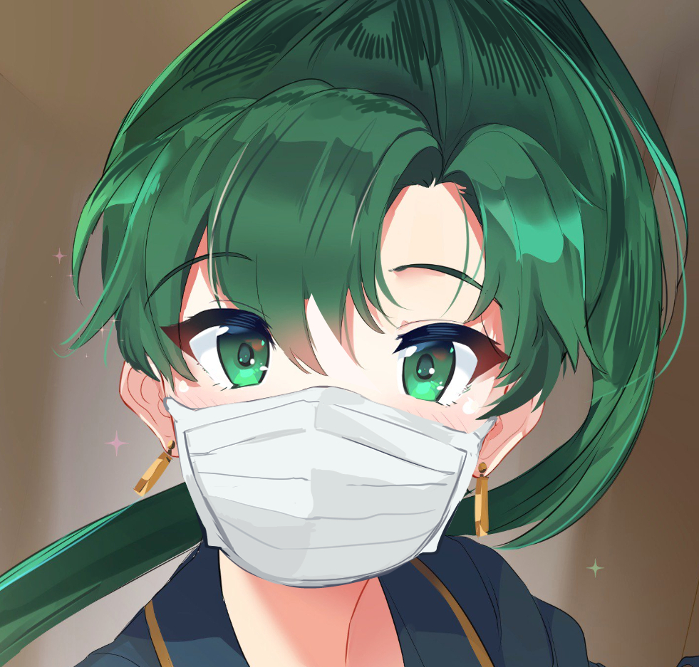 1girl bangs brown_background covered_mouth earrings eyebrows_visible_through_hair fire_emblem fire_emblem:_the_blazing_blade gradient gradient_background green_eyes green_hair high_ponytail jewelry looking_at_viewer lyn_(fire_emblem) mask mouth_mask ormille portrait solo sparkle surgical_mask