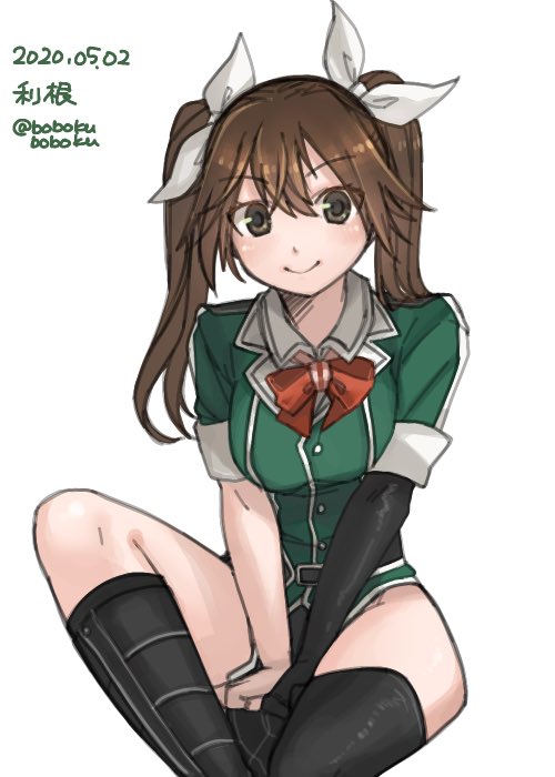 1girl asymmetrical_legwear black_gloves black_legwear bobokuboboku brown_hair character_name commentary_request dated elbow_gloves gloves hair_ribbon invisible_chair jacket kantai_collection long_hair looking_at_viewer pelvic_curtain remodel_(kantai_collection) ribbon simple_background single_elbow_glove single_thighhigh sitting solo thigh-highs tone_(kantai_collection) twintails twitter_username white_background white_ribbon