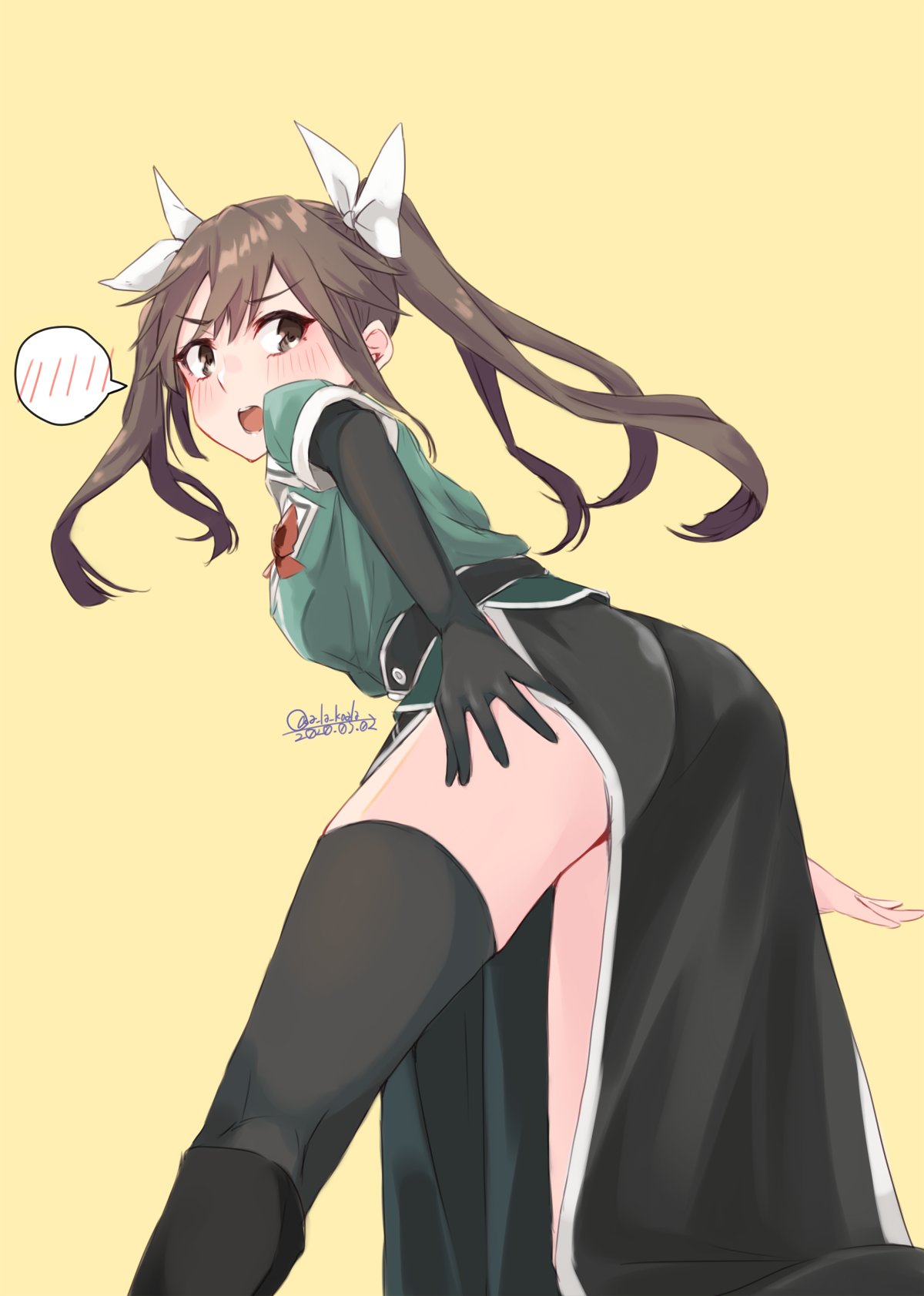 1girl alakoala ass asymmetrical_legwear brown_eyes brown_hair commentary_request dated elbow_gloves feet_out_of_frame from_behind gloves hair_between_eyes hair_ribbon highres kantai_collection long_hair looking_at_viewer pelvic_curtain remodel_(kantai_collection) ribbon signature simple_background single_elbow_glove single_thighhigh solo spoken_blush standing thigh-highs tone_(kantai_collection) twintails white_ribbon yellow_background