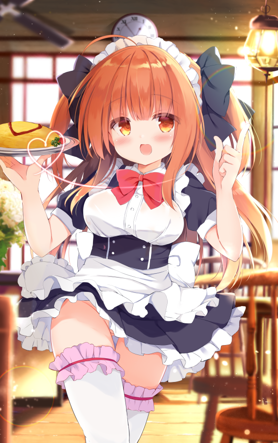 1girl :d ahoge apron ass_visible_through_thighs bangs black_bow black_dress blurry blurry_background blush bow breasts brown_eyes brown_hair chair clock collared_shirt commentary_request day depth_of_field dress dress_shirt eyebrows_visible_through_hair food frilled_apron frilled_dress frilled_legwear frills groin hair_bow hands_up heart holding holding_tray index_finger_raised indoors kujou_danbo long_hair maid maid_headdress medium_breasts omurice open_mouth original puffy_short_sleeves puffy_sleeves red_bow romaji_text shirt short_sleeves smile solo table thigh-highs tray two_side_up very_long_hair wall_clock white_apron white_legwear white_shirt window