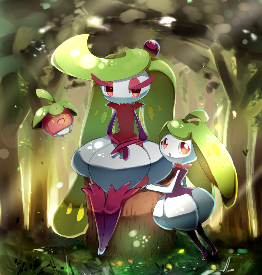 :d bounsweet commentary creature english_commentary forest full_body gen_7_pokemon grass jaibus nature no_humans open_mouth outdoors pokemon pokemon_(creature) sitting smile standing steenee sunlight tree tree_stump tsareena