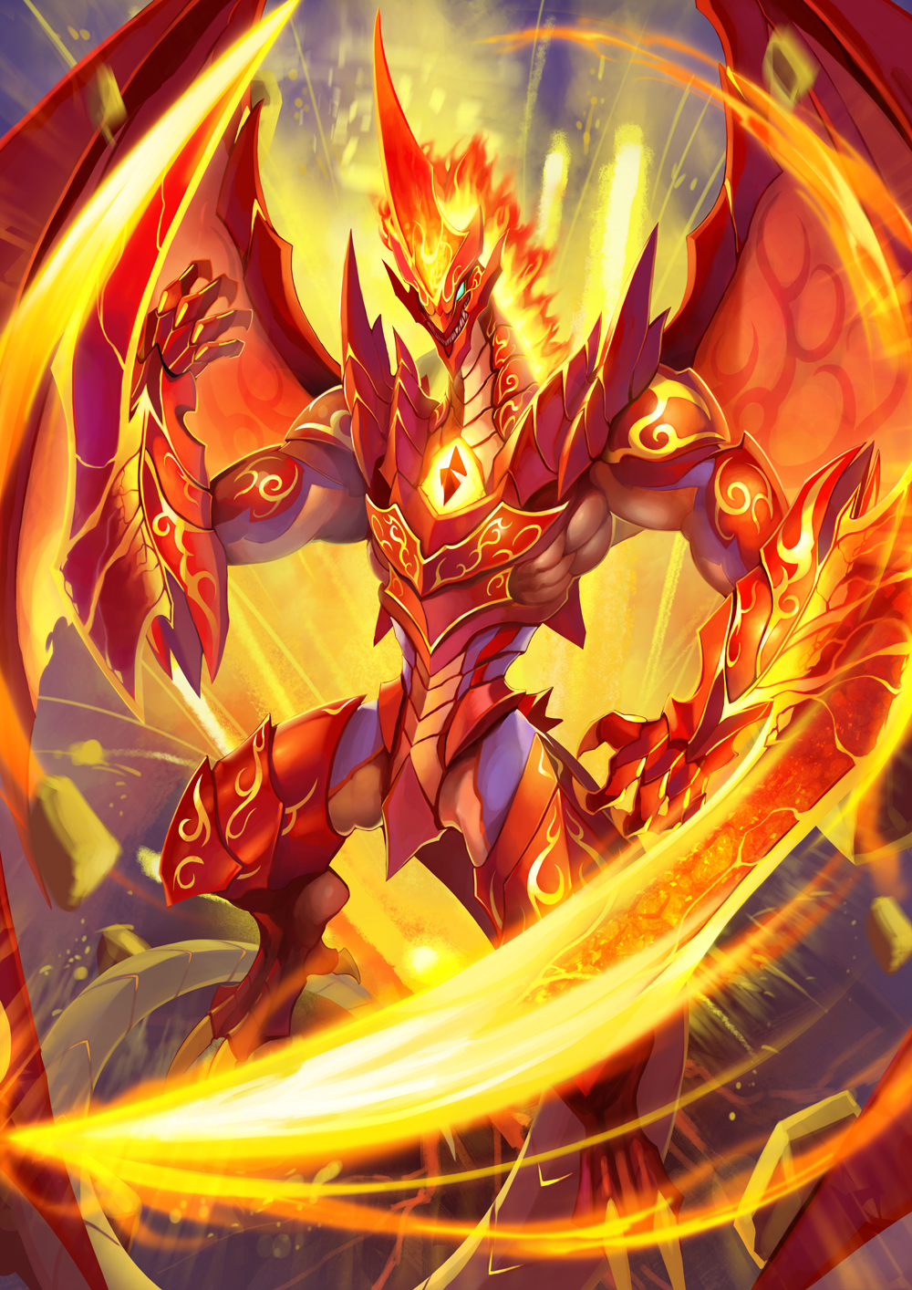 arm_blade baniran_dorosu chest_jewel claws commentary_request dragon dragon_tail dragon_wings fantasy fire flaming_weapon glowing glowing_eyes green_eyes highres monster original scales solid_eyes solo tail weapon wings