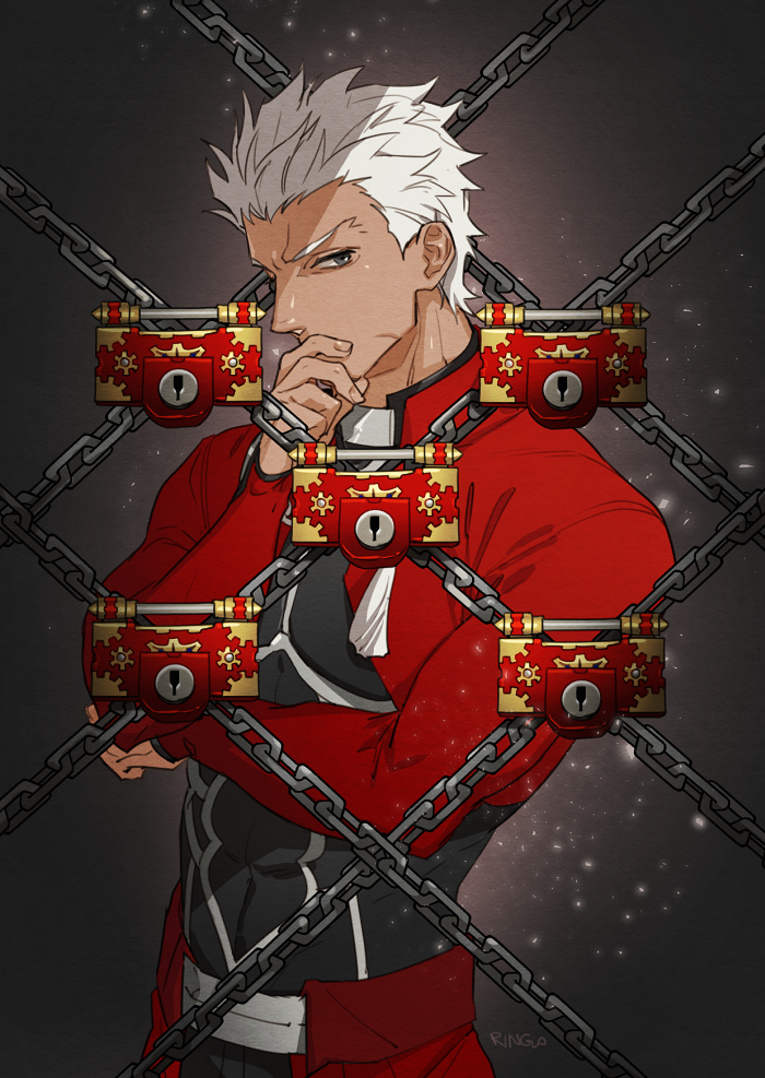 1boy archer armor chain covering_mouth dark_skin expressionless fate/stay_night fate_(series) g0ringo grey_background grey_eyes gyakuten_saiban light_particles lock looking_at_viewer male_focus parody signature solo upper_body white_hair