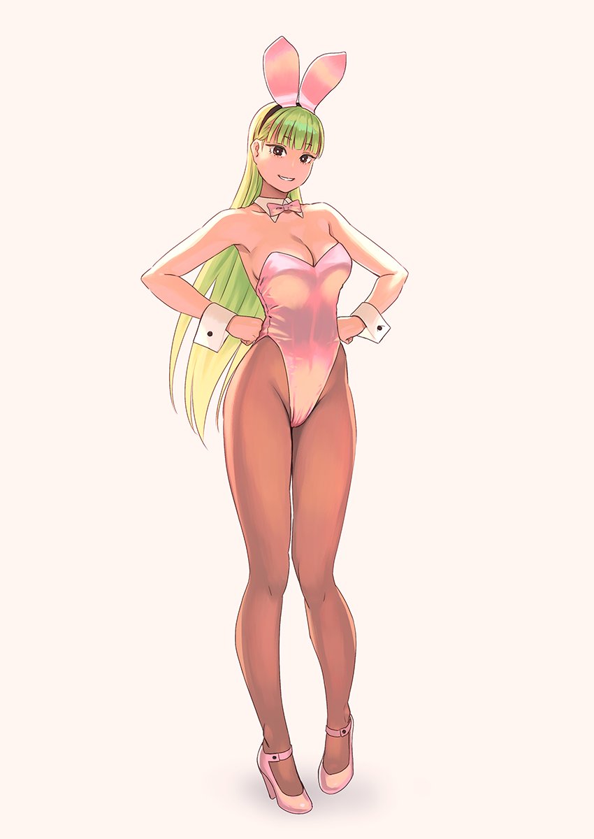 1girl animal_ears bangs bare_shoulders black_eyes blunt_bangs bow bowtie breasts brown_legwear bunny_girl bunny_tail bunnysuit collarbone commentary_request detached_collar eyebrows_visible_through_hair fake_animal_ears full_body green_hair groin hand_on_hip high_heels highleg highres legs leotard long_hair looking_at_viewer original pantyhose parted_lips pink_bow pink_leotard rabbit_ears simple_background smile solo strapless strapless_leotard tail very_long_hair wrist_cuffs yuuji_(and)