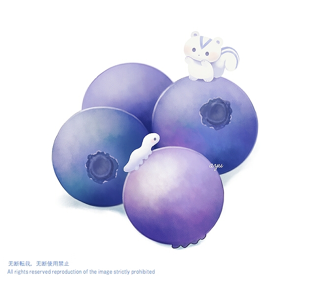 ayu_(mog) blueberry blush caterpillar commentary english_commentary english_text food fruit original repost_notice signature simple_background squirrel white_background