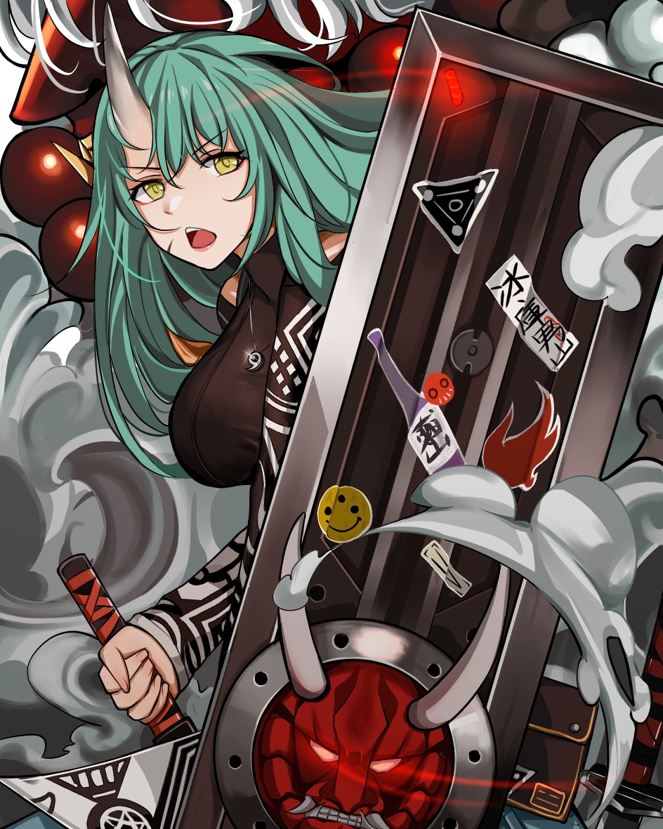 1girl arknights beads black_shirt breasts chinese_commentary cowboy_shot demon doc.chen eyebrows_visible_through_hair facial_scar glint glowing glowing_eyes green_eyes green_hair hand_on_hilt hoshiguma_(arknights) jewelry katana large_breasts lips long_hair long_sleeves looking_at_viewer necklace oni_horn oni_mask open_mouth prayer_beads scar scar_on_cheek shield shirt smiley_face smoke solo sticker sword turtleneck weapon yellow_eyes