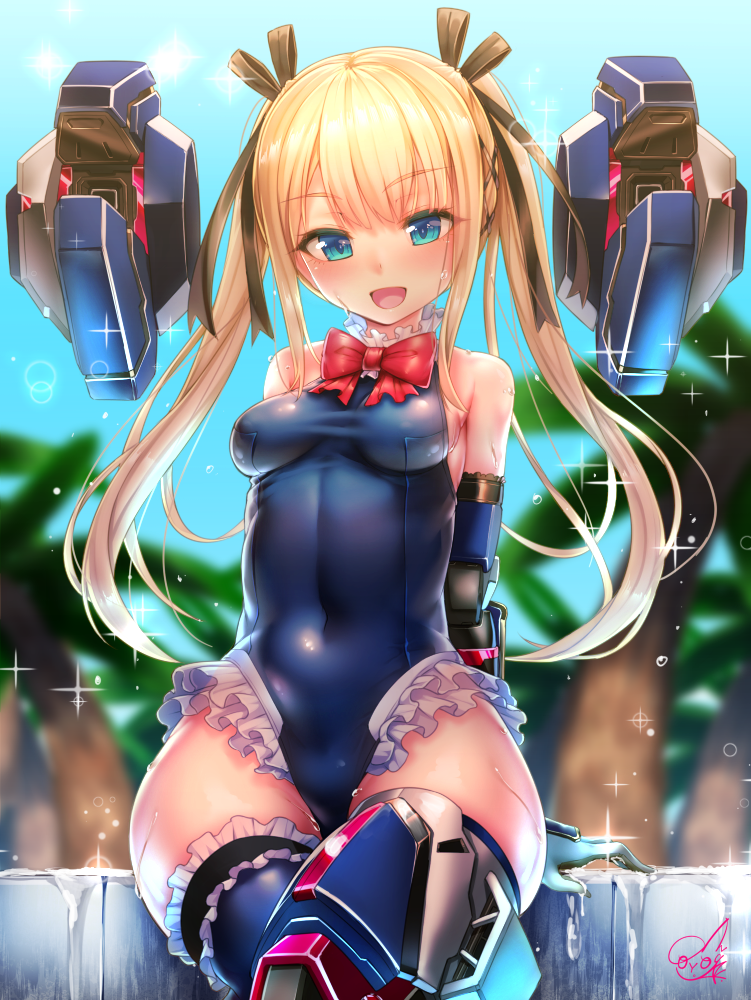 1girl bare_shoulders blue_eyes blue_leotard blush breasts covered_navel curvy dead_or_alive dead_or_alive_5 doyouwantto frilled_leotard frills hair_ornament leotard long_hair looking_at_viewer marie_rose medium_breasts open_mouth shiny shiny_hair shiny_skin sitting smile solo thick_thighs thigh-highs thighs twintails wet wide_hips x_hair_ornament
