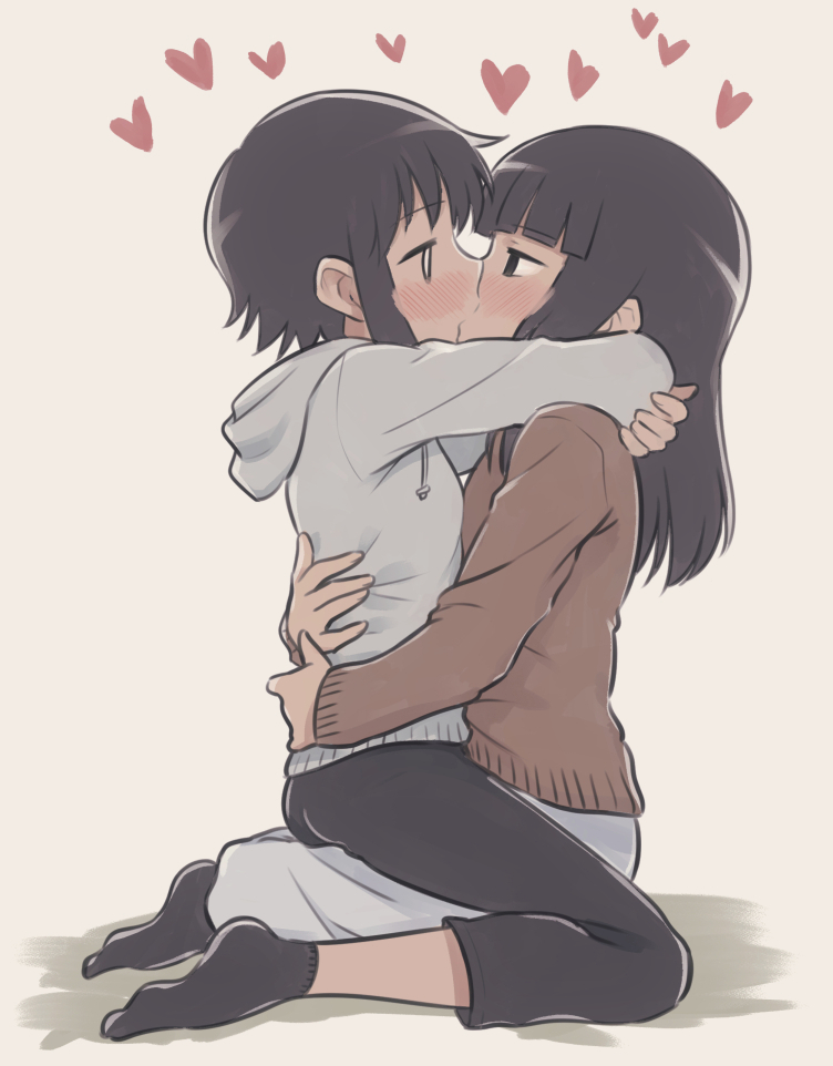 2girls bernard-jou_iwaku. black_hair black_legwear black_pants blush capri_pants casual commentary_request french_kiss heart hood hoodie hug kanbayashi_shiori kiss long_hair machida_sawako meis_(terameisu) multiple_girls mutual_hug no_shoes pants short_hair sweater yuri