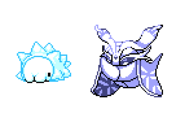 ._. commentary creature english_commentary frosmoth full_body gen_8_pokemon no_humans pat_attackerman pixel_art pokemon pokemon_(creature) simple_background snom sprite white_background