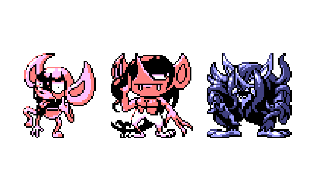 akanbe commentary creature english_commentary fangs full_body gen_8_pokemon grimmsnarl impidimp long_hair looking_at_viewer morgrem no_humans pat_attackerman pixel_art pokemon pokemon_(creature) simple_background sprite standing standing_on_one_leg tongue tongue_out white_background