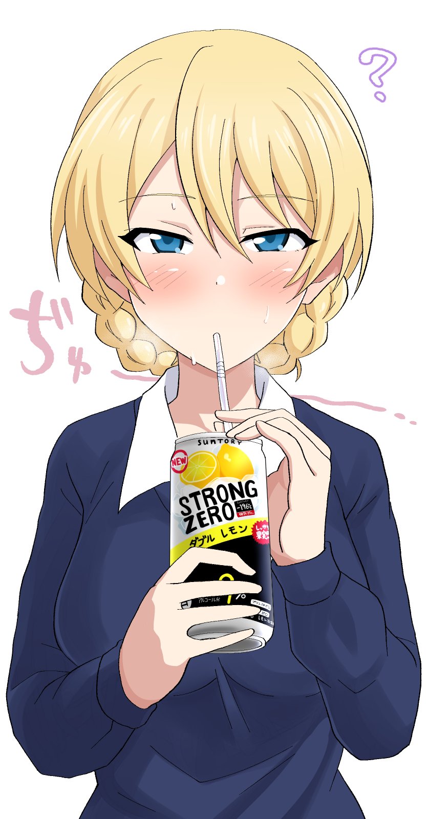 blonde_hair blue_eyes blue_sweater blush braid can darjeeling_(girls_und_panzer) dress_shirt drinking_straw girls_und_panzer highres long_sleeves mkvi_de necktie school_uniform shirt short_hair simple_background solo st._gloriana's_school_uniform sweat sweater tied_hair twin_braids v-neck wing_collar