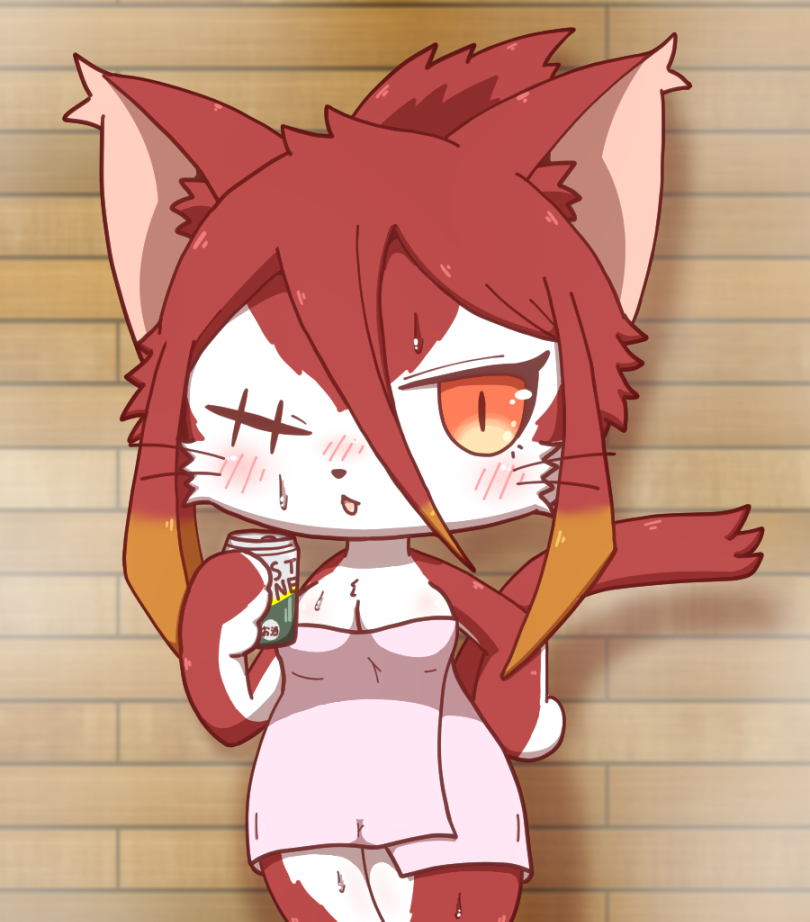1girl animal_ear_fluff animal_ears blush can cat cat_busters cat_ears cat_girl cat_tail commentary_request cowboy_shot furry hand_on_hip hinozuki_(cat_busters) holding holding_can kaitendo one-eyed open_mouth orange_eyes red_fur scar scar_across_eye slit_pupils solo steam sweat tail towel two-tone_fur whiskers white_fur