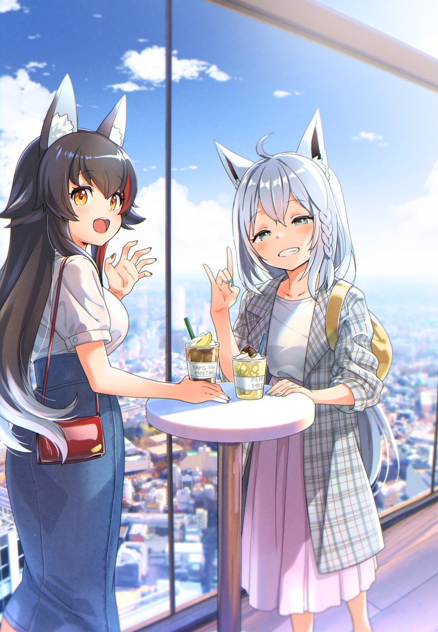 2girls ahoge alternate_costume animal_ear_fluff animal_ears backpack bag black_hair blue_sky braid cafe casual cityscape claw_pose clouds collarbone commentary_request contemporary cup denim denim_skirt disposable_cup drinking_straw eyebrows_visible_through_hair fox_ears fox_shadow_puppet green_eyes green_nails grin hair_between_eyes handbag high-waist_skirt highres hololive indoors jacket kanya_pyi long_hair looking_at_viewer medium_hair multicolored_hair multiple_girls nail_polish narrowed_eyes ookami_mio open_clothes open_jacket open_mouth pink_skirt pleated_skirt red_nails redhead shirakami_fubuki shirt short_sleeves side_braid silver_hair skirt sky smile standing streaked_hair table virtual_youtuber white_shirt window wolf_ears yellow_eyes