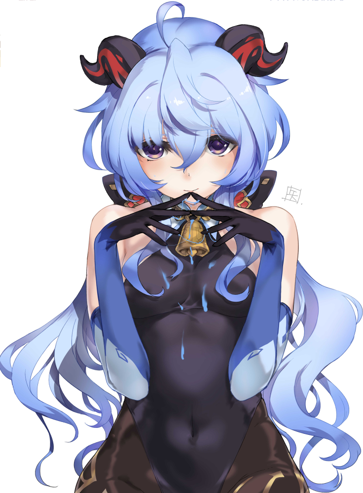 1girl ahoge bangs bare_shoulders bell black_leotard blue_gloves blue_hair blush bodystocking breasts brown_legwear covered_navel elbow_gloves ganyu_(genshin_impact) genshin_impact gloves highleg highleg_leotard horns large_breasts leotard long_hair looking_at_viewer pantyhose smile solo tooya_daisuke violet_eyes