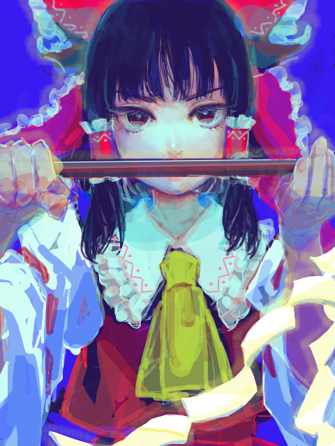 ascot bangs bare_shoulders black_hair blue_background bow collared_shirt detached_sleeves frilled_bow frilled_shirt_collar frills gohei hair_bow hair_tubes hakurei_reimu holding_up kimochi looking_at_viewer nontraditional_miko red_bow red_eyes red_shirt red_skirt ribbon-trimmed_sleeves ribbon_trim shirt short_hair sidelocks simple_background skirt skirt_set sleeveless sleeveless_shirt tegaki touhou wide_sleeves yellow_neckwear