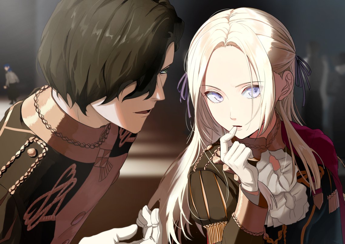 1boy 1girl black_coat black_hair bow capelet coat commentary_request edelgard_von_hresvelg eyebrows_visible_through_hair eyelashes finger_to_mouth fire_emblem fire_emblem:_three_houses forehead garreg_mach_monastery_uniform gloves hair_bow hair_over_one_eye hair_ribbon hubert_von_vestra lips long_hair long_sleeves looking_at_another mueririko open_mouth parted_lips purple_bow purple_ribbon red_capelet ribbon short_hair uniform violet_eyes white_gloves white_hair