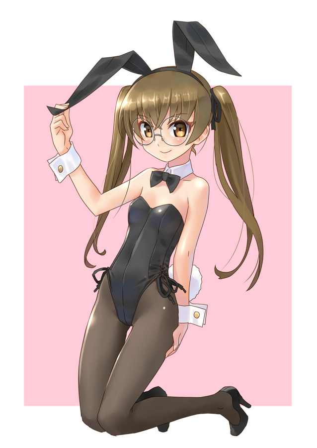 1girl animal_ears black_footwear black_legwear black_leotard black_neckwear bow bowtie brown_eyes brown_hair bunny_tail bunnysuit detached_collar fake_animal_ears girls_und_panzer glasses high_heels katahira_masashi kneeling leotard long_hair looking_at_viewer oono_aya pantyhose rabbit_ears solo strapless strapless_leotard tail twintails wrist_cuffs