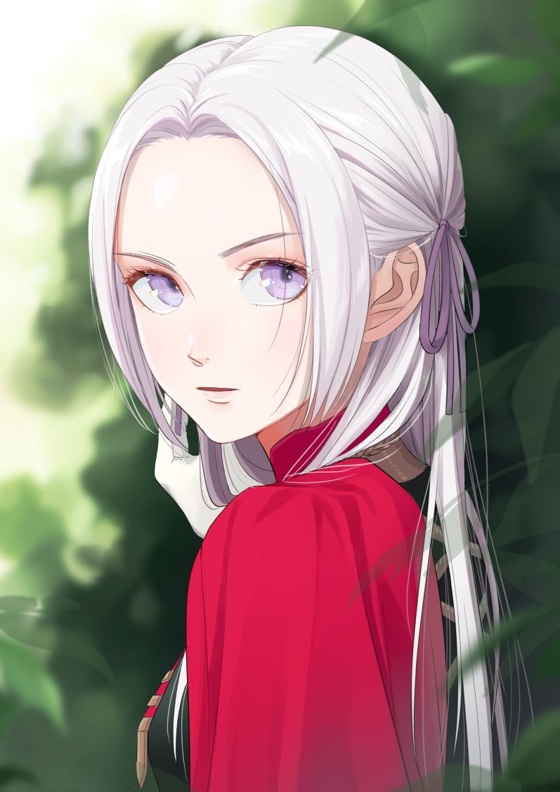 1girl black_coat bow breasts capelet coat commentary_request edelgard_von_hresvelg eyelashes fire_emblem fire_emblem:_three_houses forehead garreg_mach_monastery_uniform gloves hair_bow hair_ribbon hand_in_hair leaf lips long_hair looking_at_viewer mueririko open_mouth parted_lips plant purple_bow purple_ribbon red_capelet ribbon solo uniform violet_eyes white_gloves white_hair