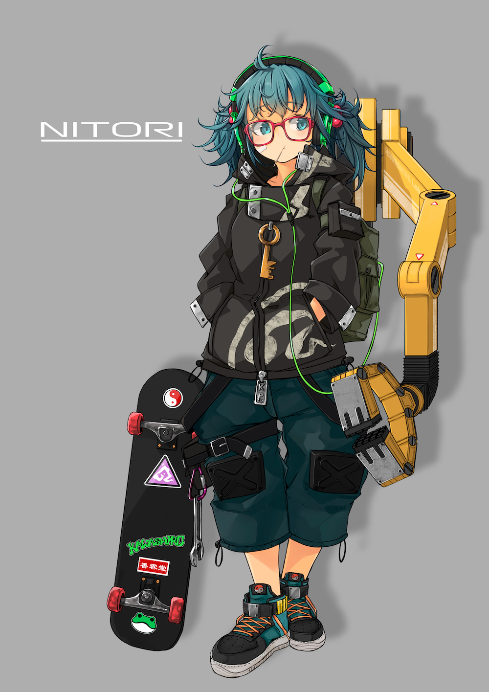 .sin 1girl alternate_costume animal_print backpack bag bespectacled black_footwear black_jacket blue_eyes blue_footwear blue_hair blue_shorts casual character_name contemporary frog_print full_body glasses grey_background hair_bobbles hair_ornament hands_in_pockets headphones highres jacket kawashiro_nitori key long_sleeves looking_at_viewer medium_hair messy_hair red-framed_eyewear shoes shorts simple_background skateboard solo standing toothpick touhou two_side_up yin_yang