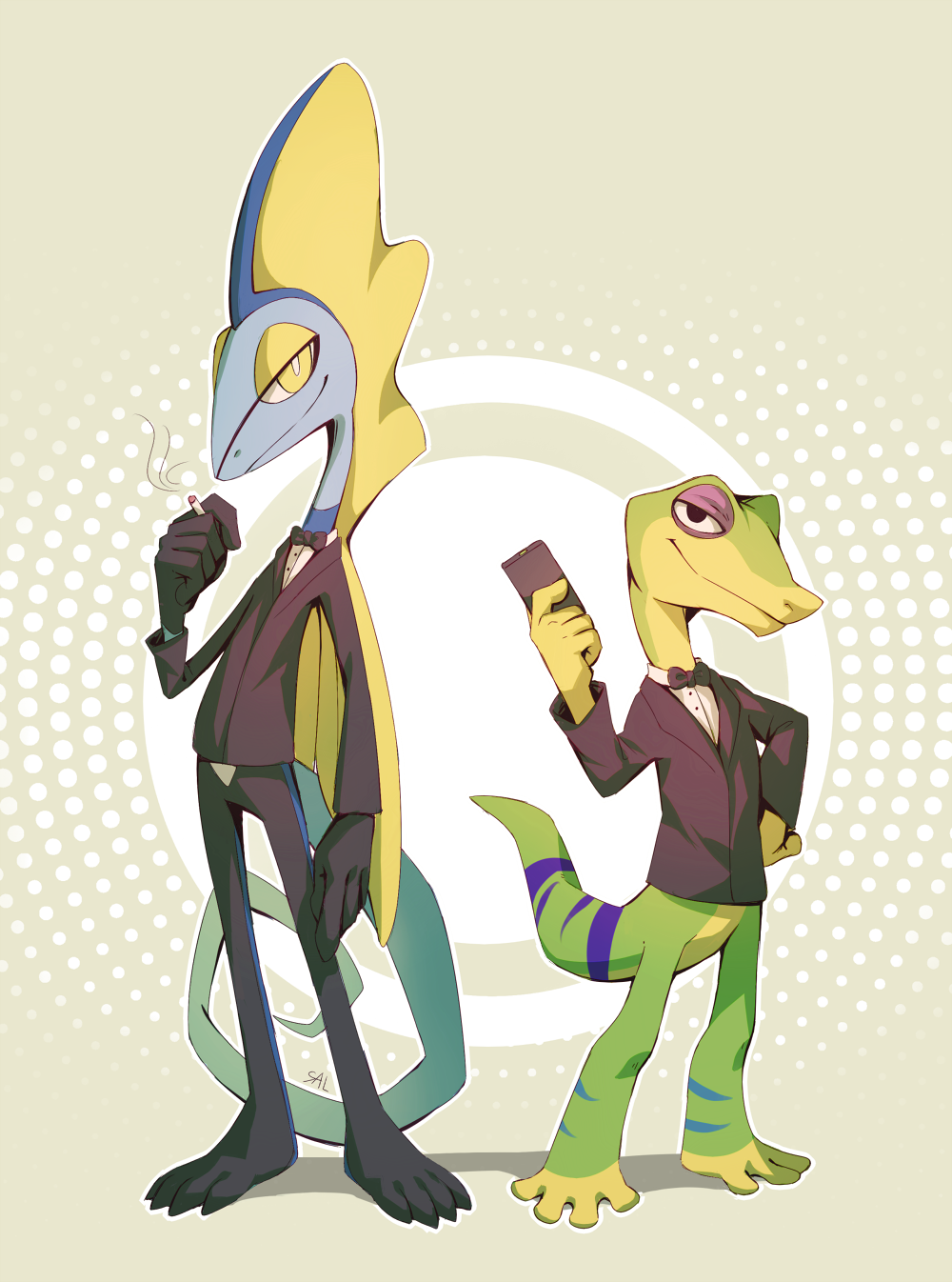 black_gloves black_pants black_suit bow bowtie cigarette clothed_pokemon commentary creature crossover english_commentary full_body gecko gen_8_pokemon gex gex_(series) gloves highres holding holding_cigarette inteleon no_humans pants pokemon pokemon_(creature) salanchu smoking standing