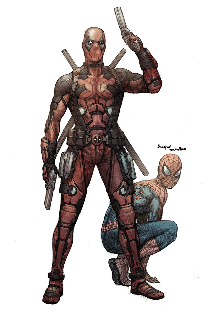 2boys arm_up belt belt_buckle buckle character_name deadpool dual_wielding english_text gun handgun holding holding_gun holding_weapon holster jong_hwan katana marvel mask multiple_boys pistol pouch simple_background spider-man squatting standing sword weapon weapon_on_back white_background