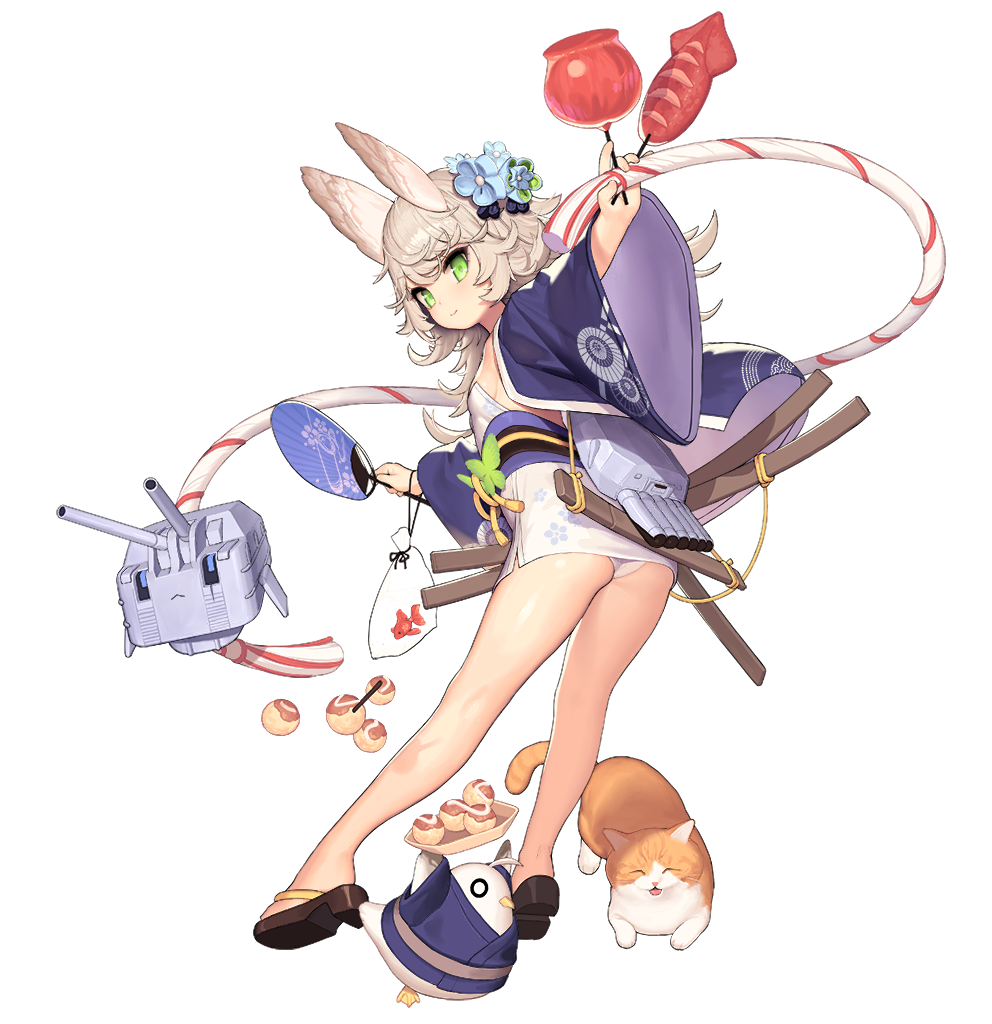 1girl alternate_costume animal_ears apple ass azur_lane bangs breasts candy_apple cat eyebrows_visible_through_hair fan festival fireworks fish floral_print flower food fruit full_body goldfish goldfish_scooping green_eyes grey_hair hair_flower hair_ornament ikayaki japanese_clothes kimono kitakaze_(azur_lane) looking_at_viewer manjuu_(azur_lane) night obi official_art panties paper_fan print_kimono rabbit_ears sandals sash short_hair short_kimono short_yukata small_breasts squid tachi-e takoyaki transparent_background tsliuyixin underwear weapon white_panties wide_sleeves yukata